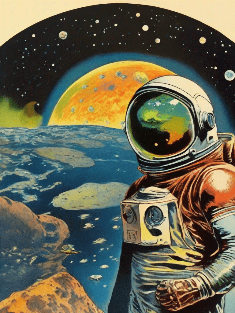 Primo piano di un casco da astronauta con riflesso di un pianeta colorato, sullo sfondo la superficie lunare e un astro arancione