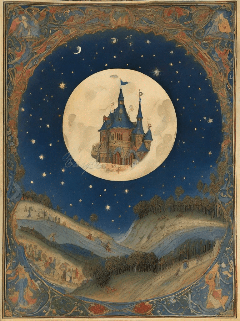 Castello medievale con torri e bandiere al centro di una grande luna piena, circondato da un cielo stellato e colline con figure in processione