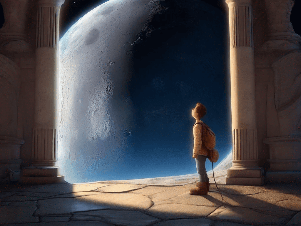 Bambino con zaino che osserva una gigantesca luna sospesa tra due colonne in un ambiente antico