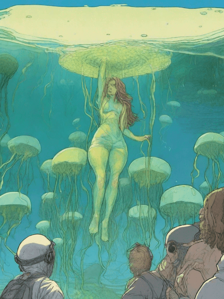 Una donna fluttua sott’acqua tenendo i tentacoli di una grande medusa sopra di sé come un ombrello, circondata da numerose meduse più piccole e da sub in lontananza