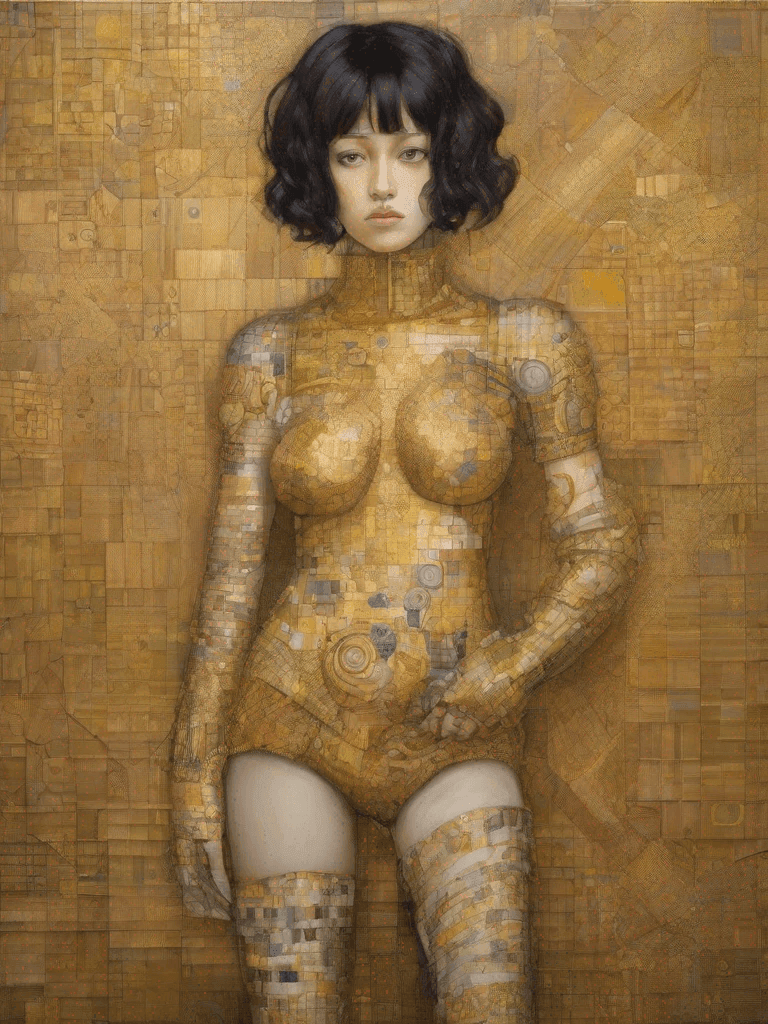 Ritratto di donna su sfondo dorato, corpo e abito composti da motivi geometrici a mosaico