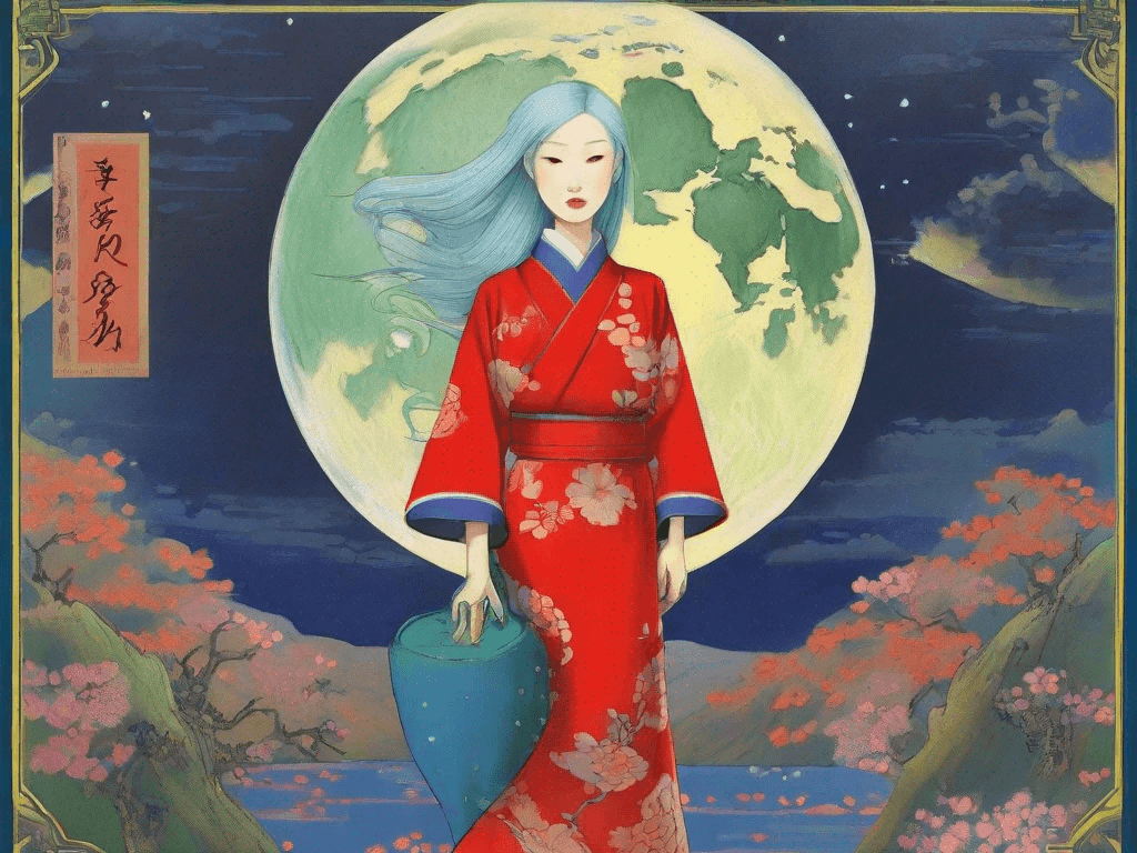 Donna in kimono rosso decorato con fiori davanti a una grande luna piena e un paesaggio di ciliegi in fiore