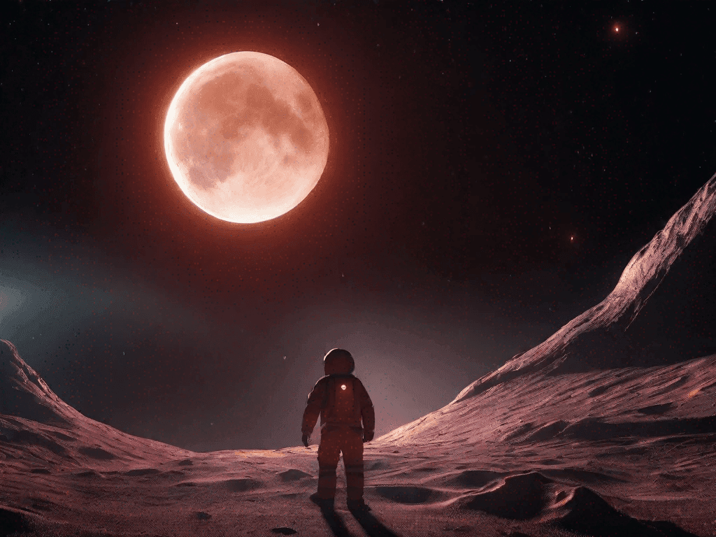 Astronauta in tuta spaziale su un terreno arido, davanti a una grande luna rossastra nel cielo notturno