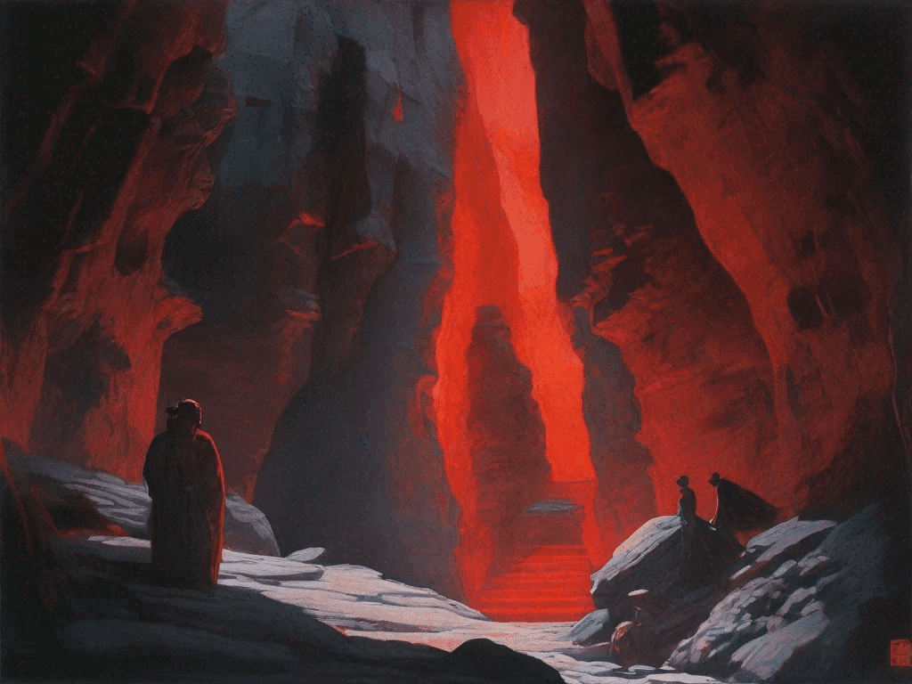 Due figure scure in piedi su rocce all’interno di una caverna, con una fenditura luminosa di lava rossa sullo sfondo