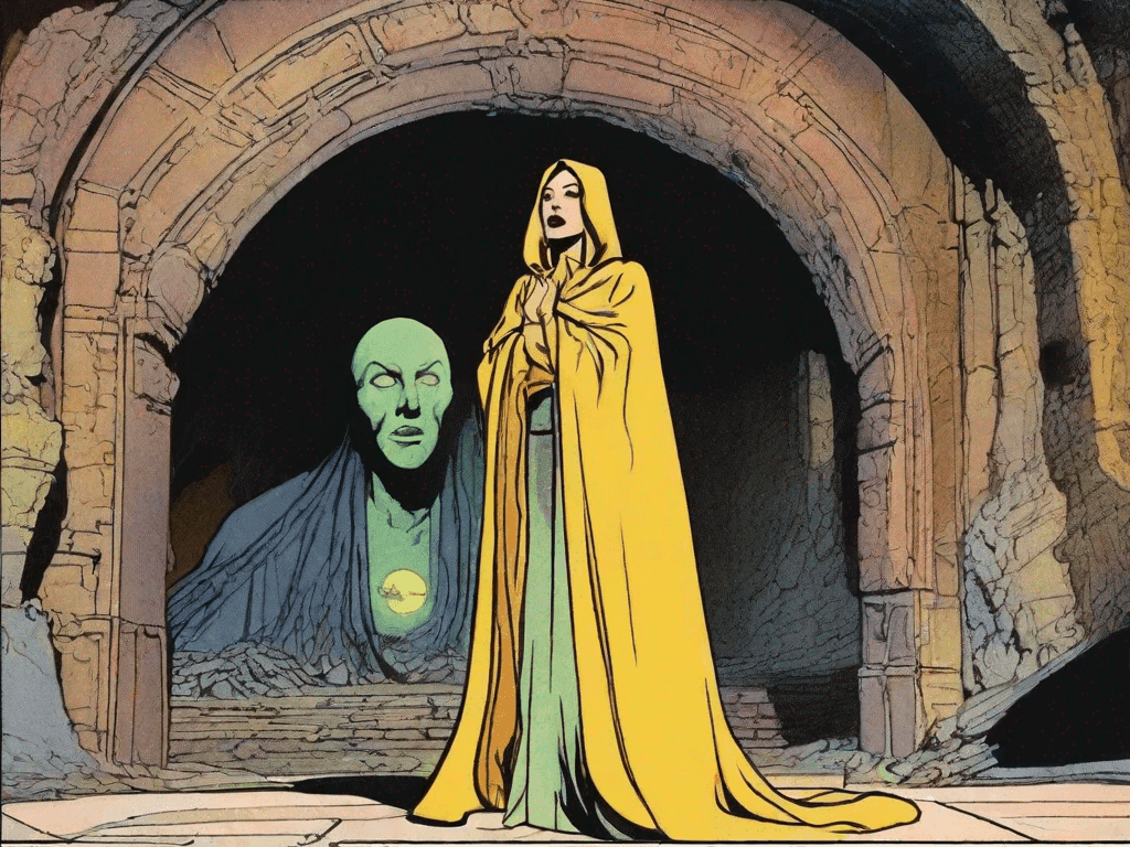 Figura incappucciata in mantello giallo in un’arcata di rovine, di fronte a un busto verde dai lineamenti misteriosi